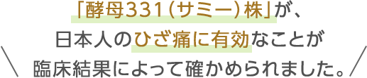 「酵母331（サミー）株」が、日本人のひざ痛に有効なことが臨床結果によって確かめられました。