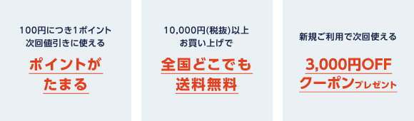 100円につき1ポイント次回値引きに使えるポイントがたまる　10,000円(税抜)以上お買い上げで全国どこでも送料無料　新規ご利用で次回使える3,000円OFFクーポンプレゼント